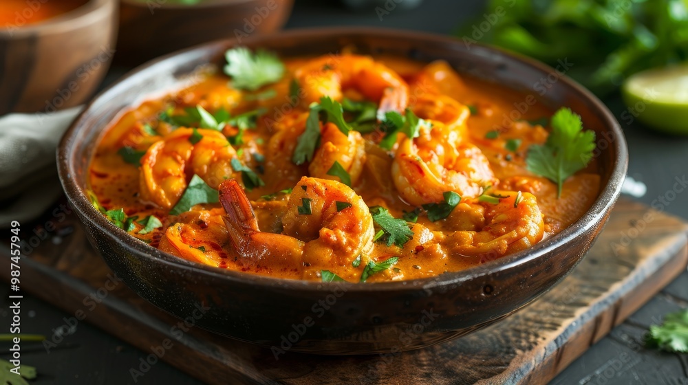 Vibrant low syn goan prawn curry a captivating dish in rich orange sauce with fresh cilantro Vibrant low syn goan prawn curry a captivating dish in rich orange sauce with fresh cilantro
