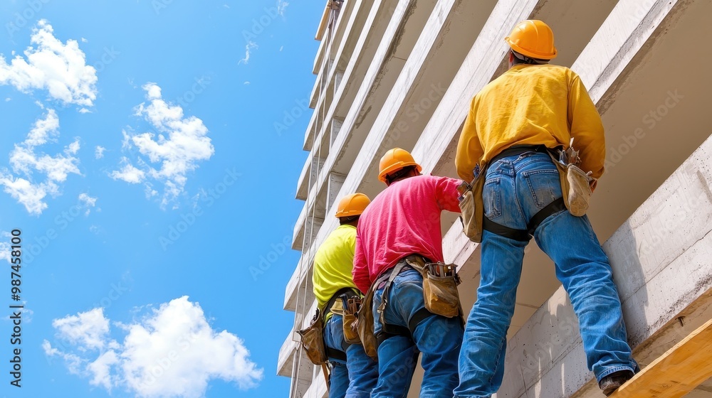 Construction Workers on Building Site under Blue Sky Construction Workers on Building Site under Blue Sky