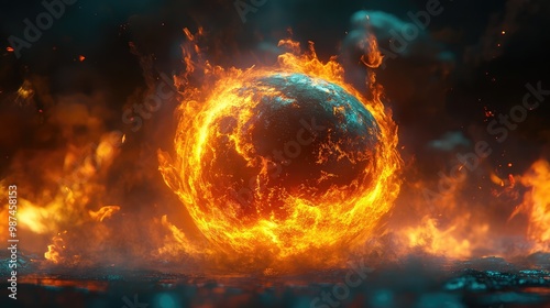 A 3D sphere engulfed in abstract flames, glowing and radiating heat in a surreal way.