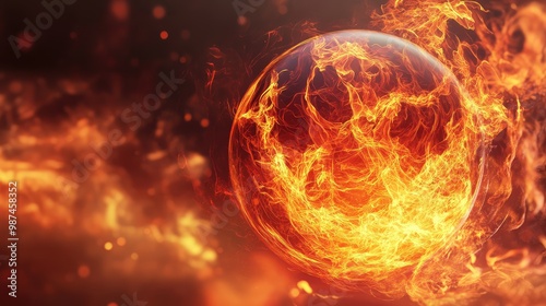 A 3D sphere engulfed in abstract flames, glowing and radiating heat in a surreal way.