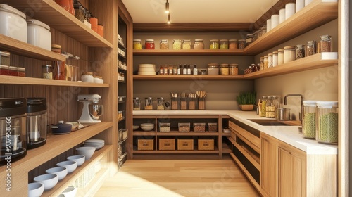 Modern and Organized Pantry with Wooden Shelves and Various Food Storage Containers in a Bright Kitchen