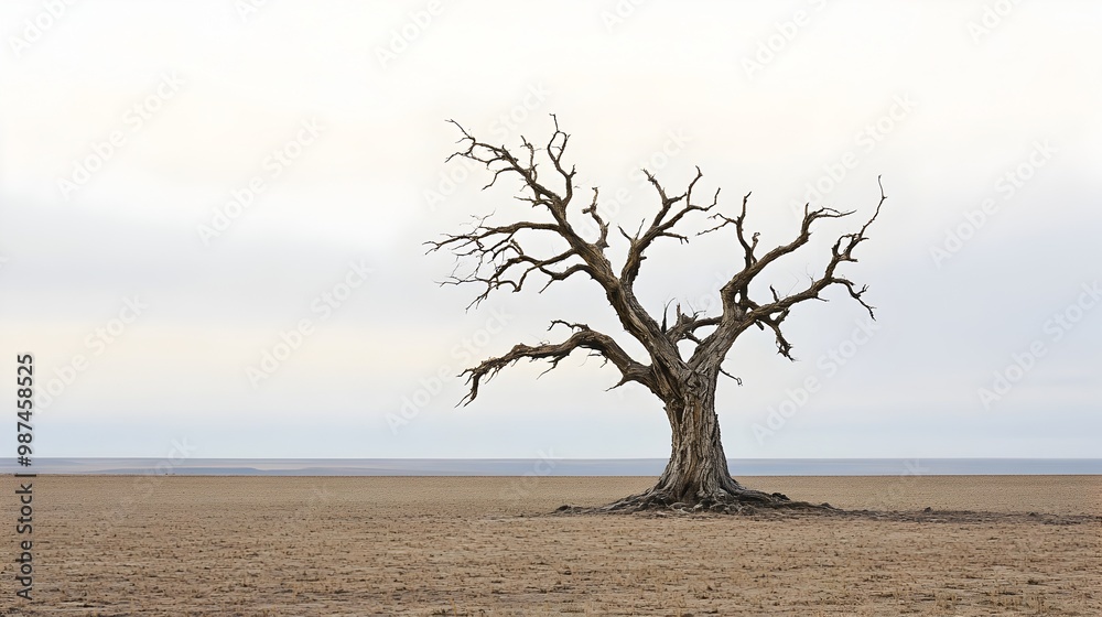 Weathered old and alone a solitary tree stands tall in a vast empty field symbolizing endurance and the passage of time Weathered old and alone a solitary tree stands tall in a vast empty field symbolizing endurance and the passage of time
