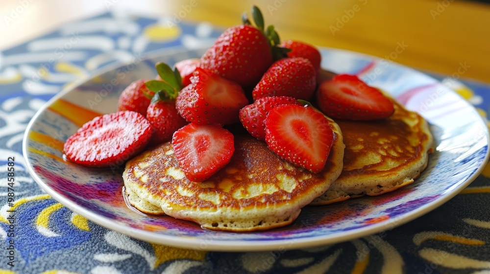 Delicious Gluten-Free Coconut Flour Pancakes with Fresh Strawberries on Plate, Vibrant Colors Delicious Gluten-Free Coconut Flour Pancakes with Fresh Strawberries on Plate, Vibrant Colors