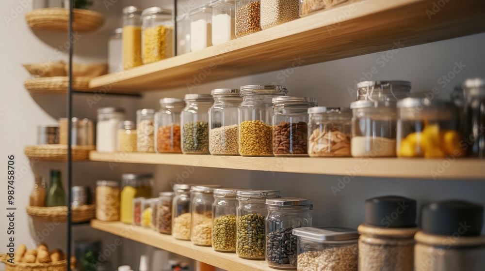 Organized Pantry with Jars of Grains, Spices, and Dry Goods on Wooden Shelves in a Modern Kitchen Organized Pantry with Jars of Grains, Spices, and Dry Goods on Wooden Shelves in a Modern Kitchen
