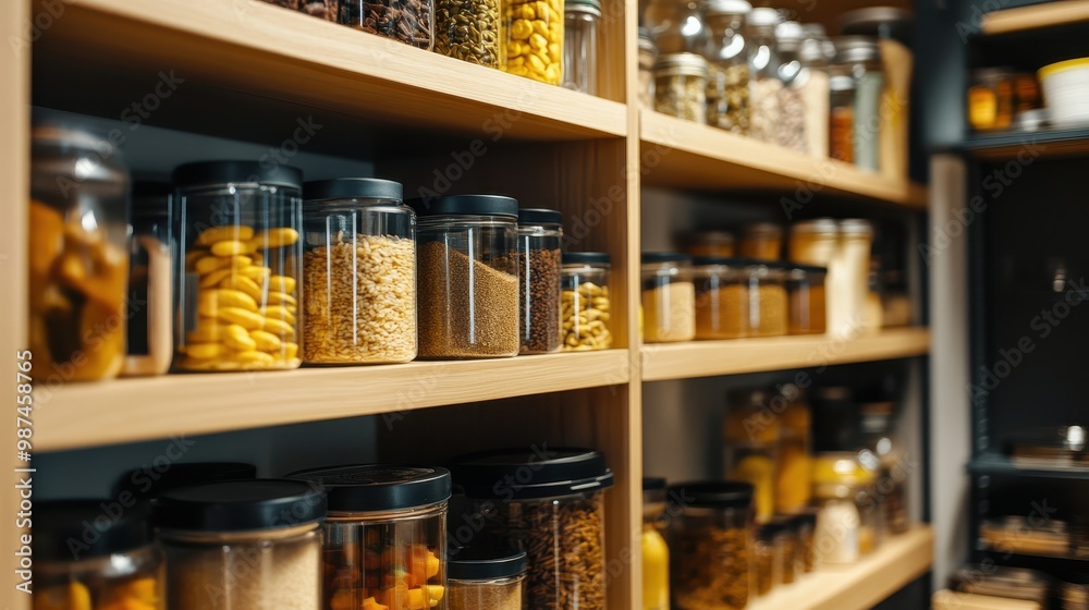Organized Pantry with Various Food Items in Transparent Jars on Wooden Shelves in a Modern Kitchen Organized Pantry with Various Food Items in Transparent Jars on Wooden Shelves in a Modern Kitchen