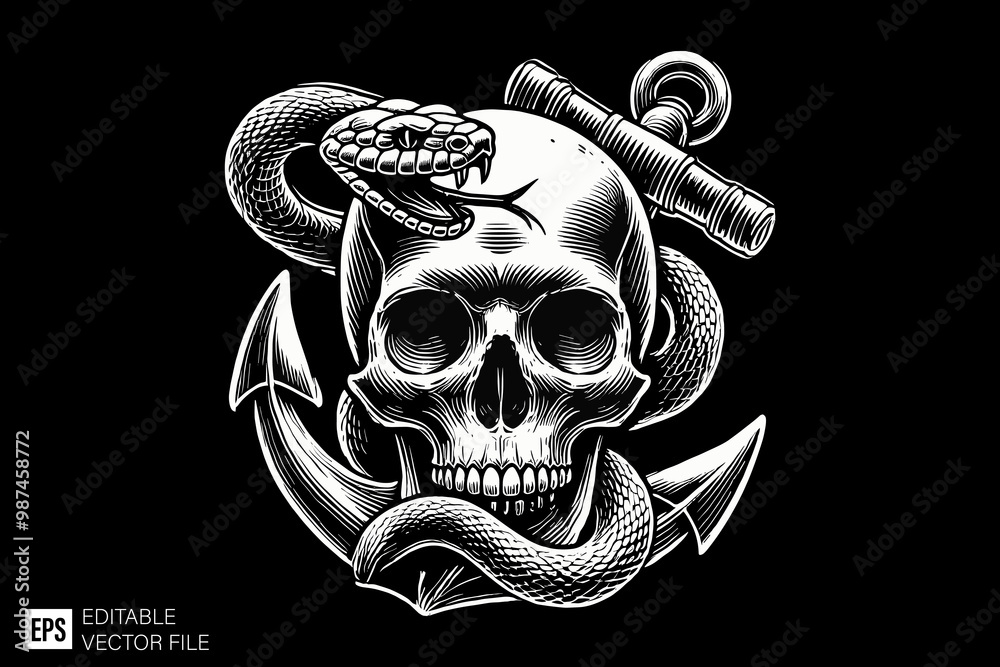 skull head with snake dark art style vector design black and white illustration skull head with snake dark art style vector design black and white illustration