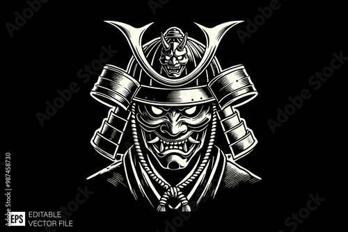 oni mask samurai dark art style vector design black and white illustration
