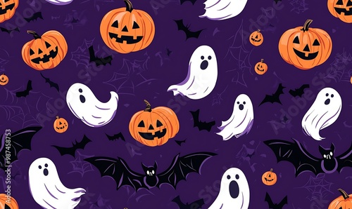 Halloween-themed seamless pattern featuring bats, pumpkins, and ghosts