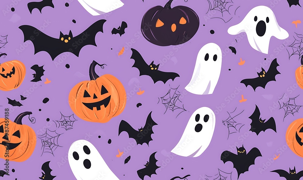 Halloween-themed seamless pattern featuring bats, pumpkins, and ghosts Halloween-themed seamless pattern featuring bats, pumpkins, and ghosts