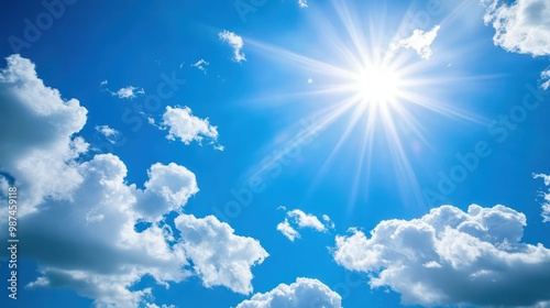 Bright Sun Shining in a Clear Blue Sky with Fluffy White Clouds on a Sunny Day