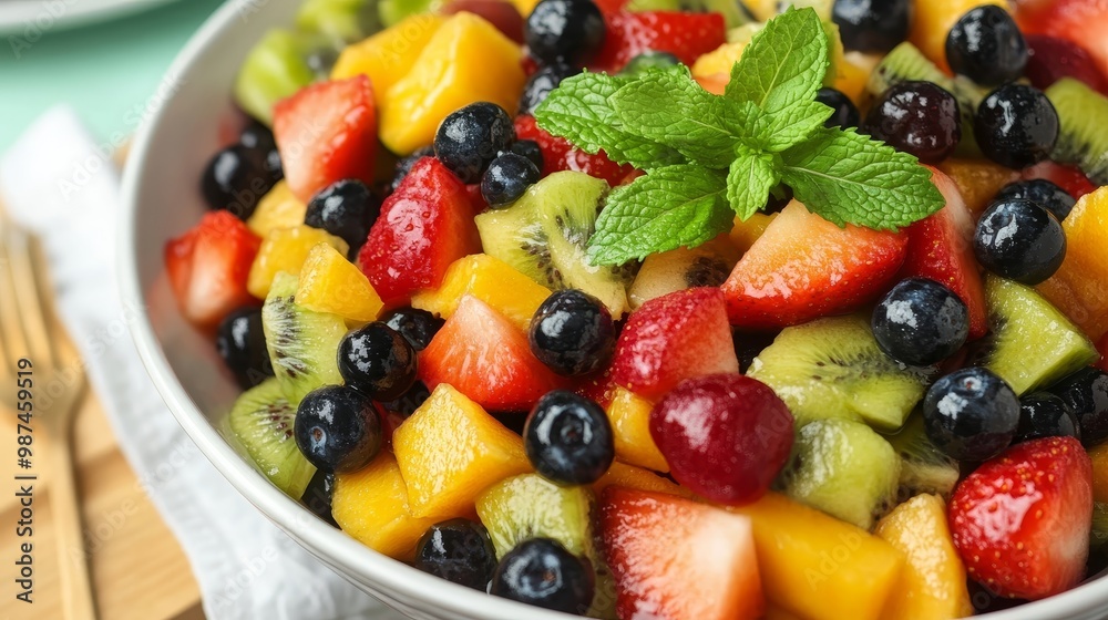 Refreshing Fruit Salad with Vibrant Colors and Mint Leaves on Clean Background Refreshing Fruit Salad with Vibrant Colors and Mint Leaves on Clean Background