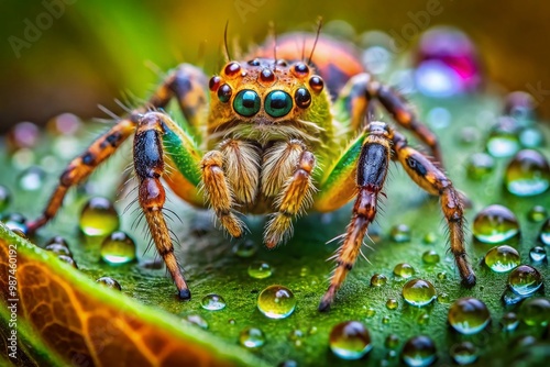 Adorable Spider on Leaf with Dew Drops, Showcasing Nature's Intricate Beauty and Delicate Features