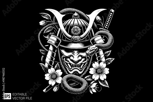 oni mask samurai dark art style vector design black and white illustration