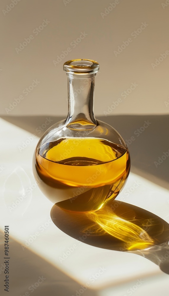 Elegant display of an isolated round glass bottle filled with vibrant golden olive oil Elegant display of an isolated round glass bottle filled with vibrant golden olive oil