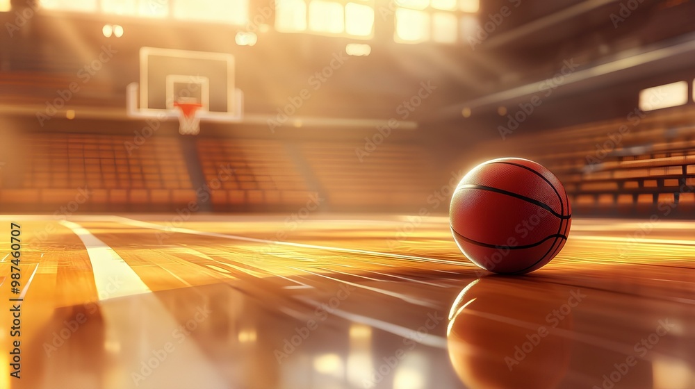 A close-up of a basketball on a polished wooden court, warm lighting reflecting off the surface. Basketball Day. A close-up of a basketball on a polished wooden court, warm lighting reflecting off the surface. Basketball Day.