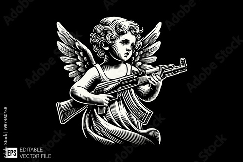 vintage cupid holding gun dark art style vector design black and white illustration