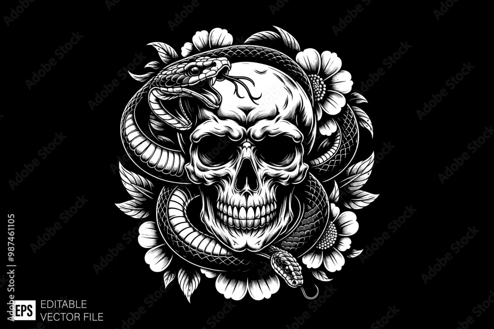 skull head with snake dark art style vector design black and white illustration skull head with snake dark art style vector design black and white illustration