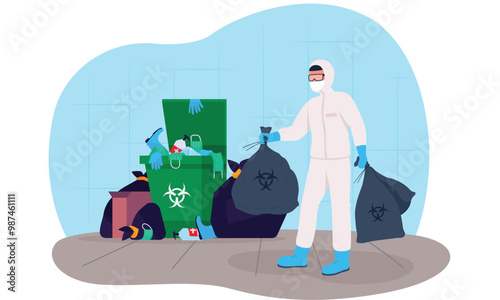 Clinical waste disposal wearing PPE of a person throwing medical waste using PPE for health and safety for infectious clinical waste disposal of Covid-19 virus attack protection by black waste bag