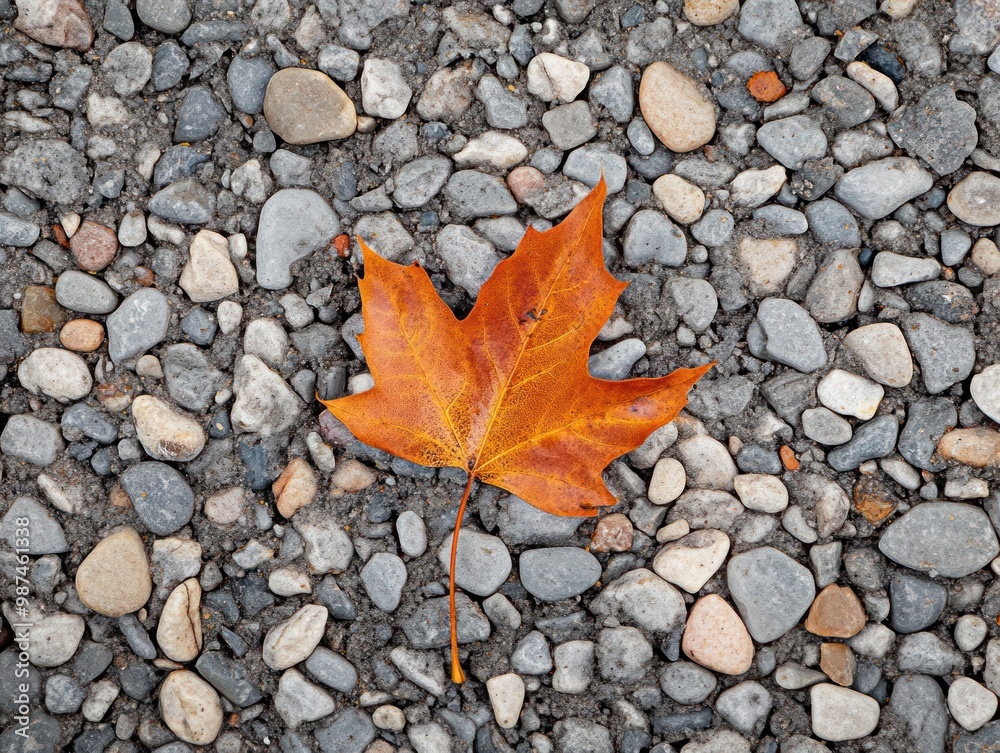 A Single Autumn Leaf Resting on a Bed of Gravel: A Study in Color and Texture. A Single Autumn Leaf Resting on a Bed of Gravel: A Study in Color and Texture.