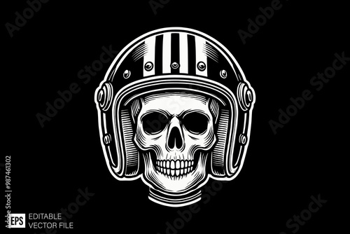 skull head wearing helmet dark art style vector design black and white illustration