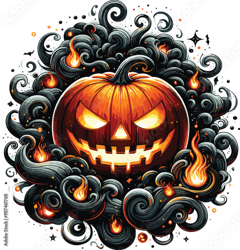 Adobe Illustrator Artwork Halloween vector illustration showcasing a jack-o'-lantern pumpkin adorned with traditional carved features like a toothy grin and triangle eyes