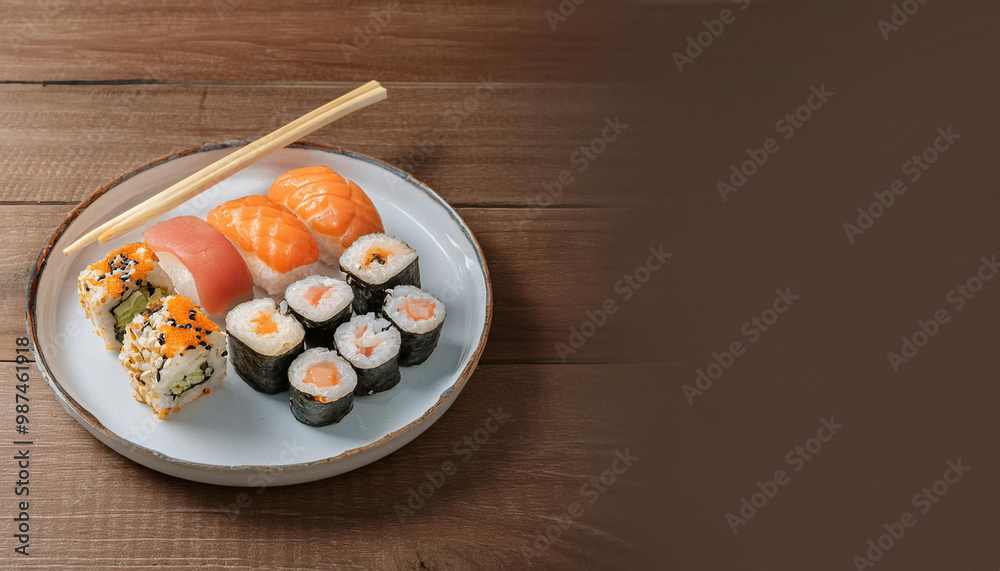 A plate filled with various sushi rolls alongside a pair of chopsticks placed on a wooden table and Copy Space A plate filled with various sushi rolls alongside a pair of chopsticks placed on a wooden table and Copy Space
