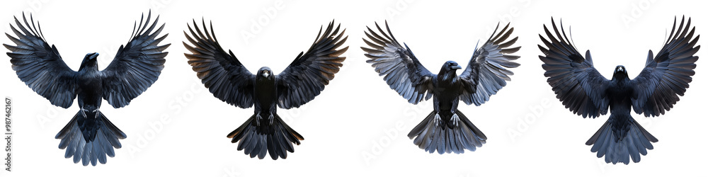 Naklejka premium set of crow spread wings, crow wings spread, crow flying with wings spread, flying crow, crow wings in the sky, crow floating on wings, bird with wings spread, on a transparent backgrounds