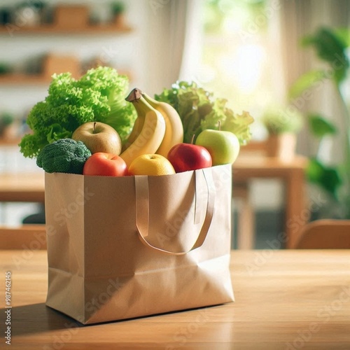 Reusable paper shopping bag with fresh organic vegetables, fruits and other grocery products on kitchen