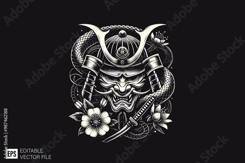 oni mask samurai dark art style vector design black and white illustration