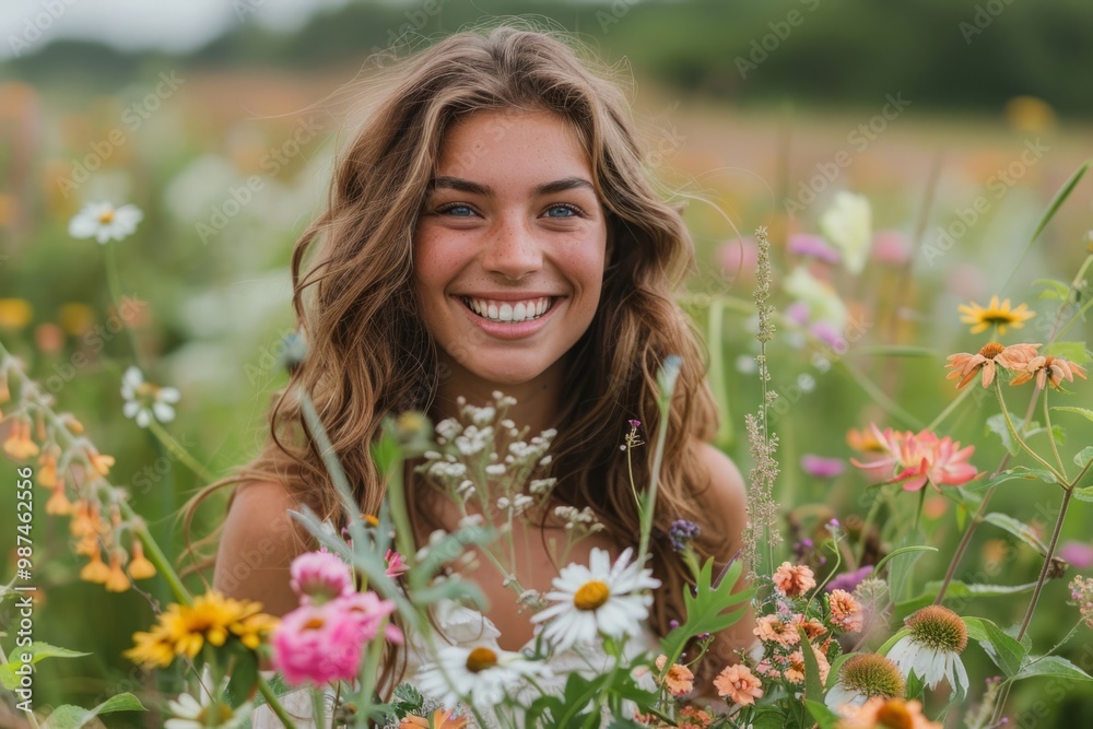 Beautiful smiling woman holding flowers bouquet in a field Beautiful smiling woman holding flowers bouquet in a field