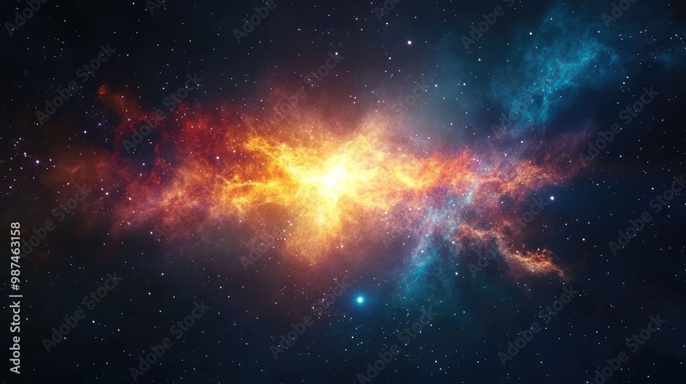 A glowing 3D nebula expanding through space, casting colorful light across a distant galaxy. A glowing 3D nebula expanding through space, casting colorful light across a distant galaxy.