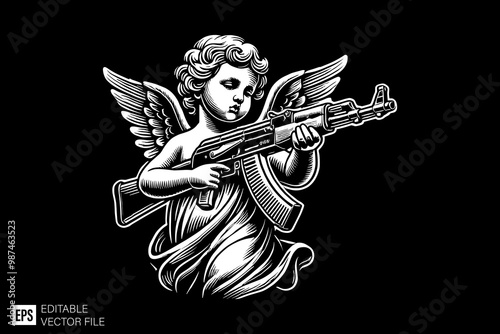 vintage cupid holding gun dark art style vector design black and white illustration
