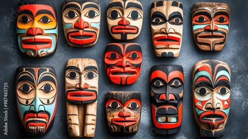 Traditional wooden masks displayed artistically