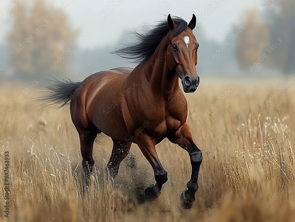 Majestic Brown Horse Running Through a Field Majestic Brown Horse Running Through a Field