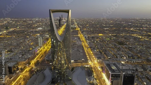 Drone shot flying. Saudi Arabia. Riyadh. Kingdom tower. Sunset. Evening.