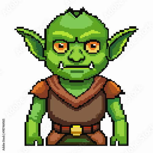 Pixel Art Green Goblin Character in Medieval Outfit with Pointy Ears and Fierce Expression