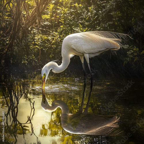 Egret is looking for food in wetland conservation. World Wetlands Day. photo