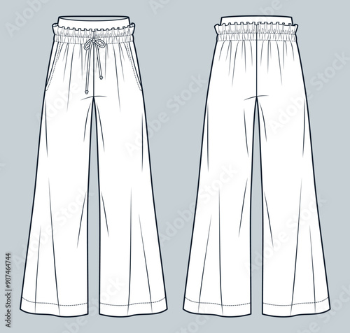 Wide Leg Pants fashion flat technical drawing template. Jogger Pants technical fashion illustration, elastic waistband, pockets, front and back view, white, women, men, unisex CAD mockup.