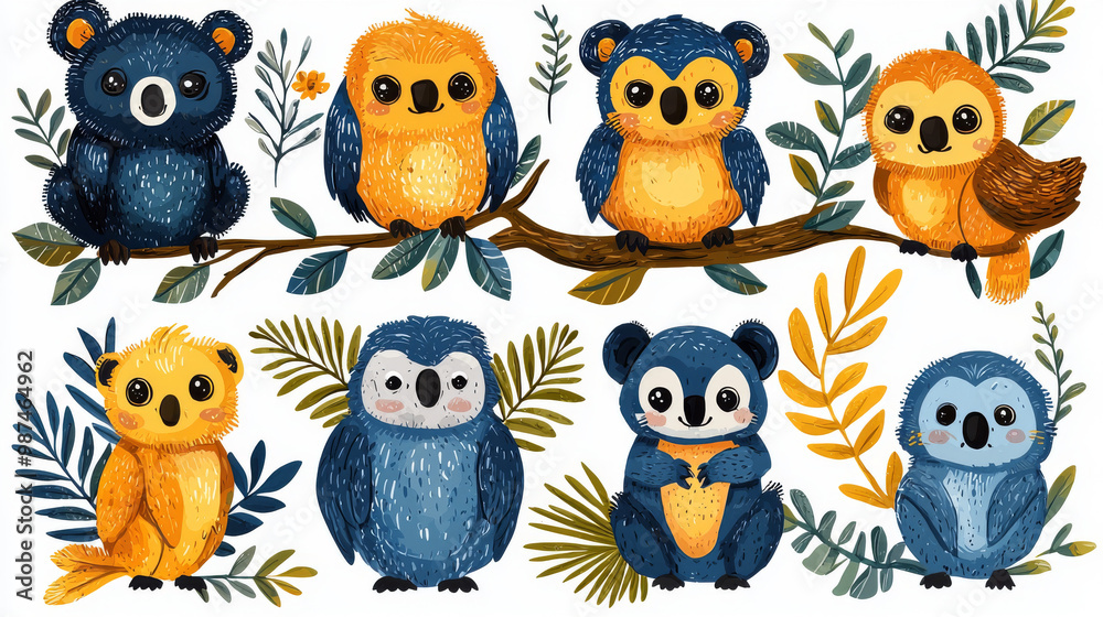 Fototapeta premium Cute blue and yellow cartoon animals with big eyes