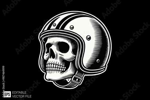 skull head wearing helmet dark art style vector design black and white illustration