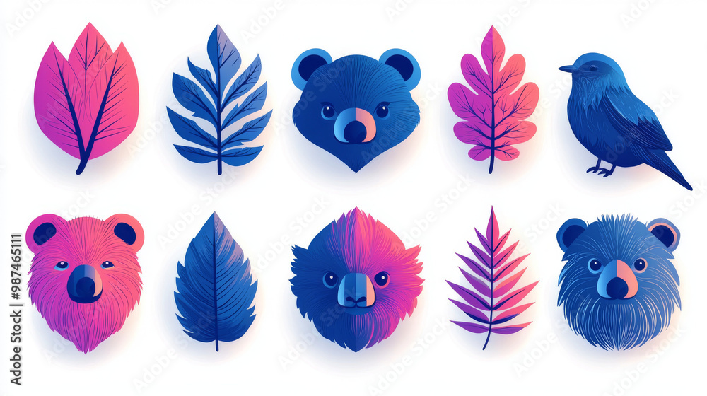 Set of cute animal and plant illustrations