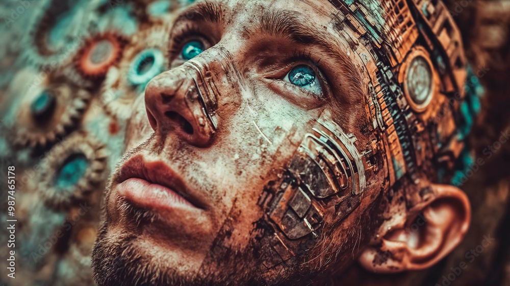 Young man with a futuristic expression and robotic facial elements against a mechanical background Young man with a futuristic expression and robotic facial elements against a mechanical background