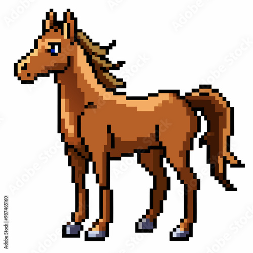 Pixel Art Brown Horse Standing on White Background   Retro Video Game Style Graphics
