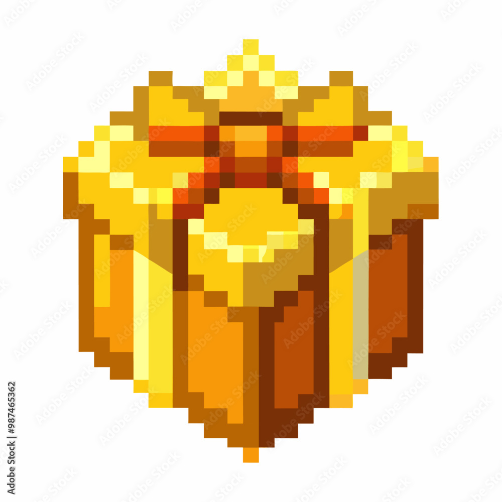 Fototapeta premium Pixel Art Golden Gift Box with Yellow Ribbon and Bow Isolated on White Background