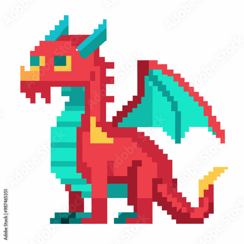 Colorful 8 bit Pixel Art Dragon Illustration with Retro Gaming Aesthetic