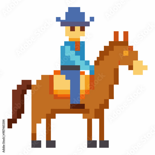 Pixel Art Cowboy Riding a Horse in Retro Video Game Style