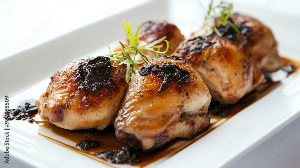 A plated meal of roasted duck with a red wine sauce and fruit garnish. A plated meal of roasted duck with a red wine sauce and fruit garnish.