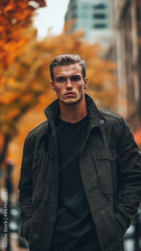 good looking caucasian male model, pose, wide shot, modern city autumn vibes. Attractive man posing, fashion shoot. Goodlooking healthy man. Autumn season, buildings in the background. good looking caucasian male model, pose, wide shot, modern city autumn vibes. Attractive man posing, fashion shoot. Goodlooking healthy man. Autumn season, buildings in the background.