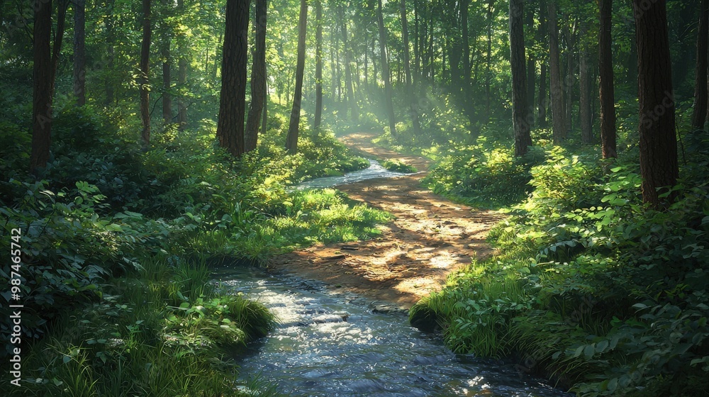 Obraz premium Serene Forest Path with Glistening Stream