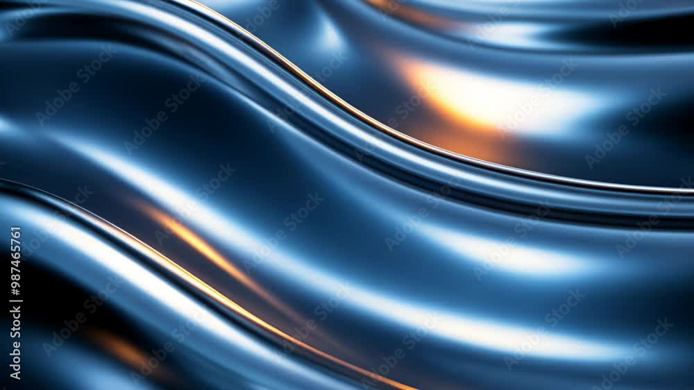 Waves of shiny blue liquid metal reflecting light during evening glow in a serene abstract setting Waves of shiny blue liquid metal reflecting light during evening glow in a serene abstract setting